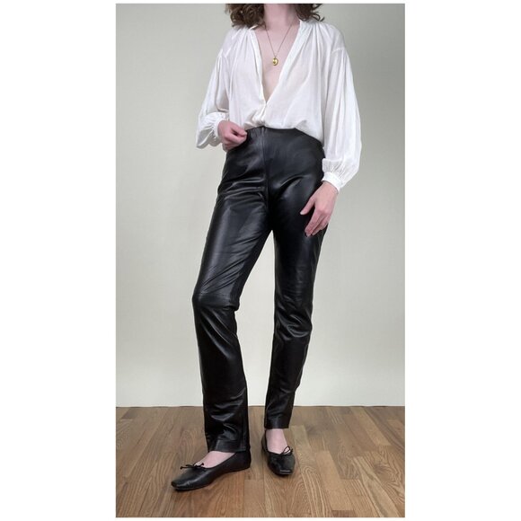 Danier Dana Leather Pants Straight Slim Tapered Leg Full Length High Rise Long - Picture 1 of 13